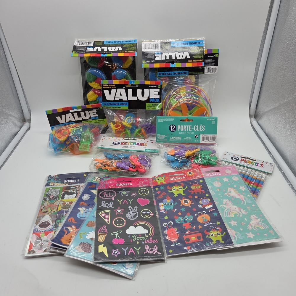 Large Lot Of Mixed Party Goodie Bag Favors For 12 Kids Pencils Keychain Whistles